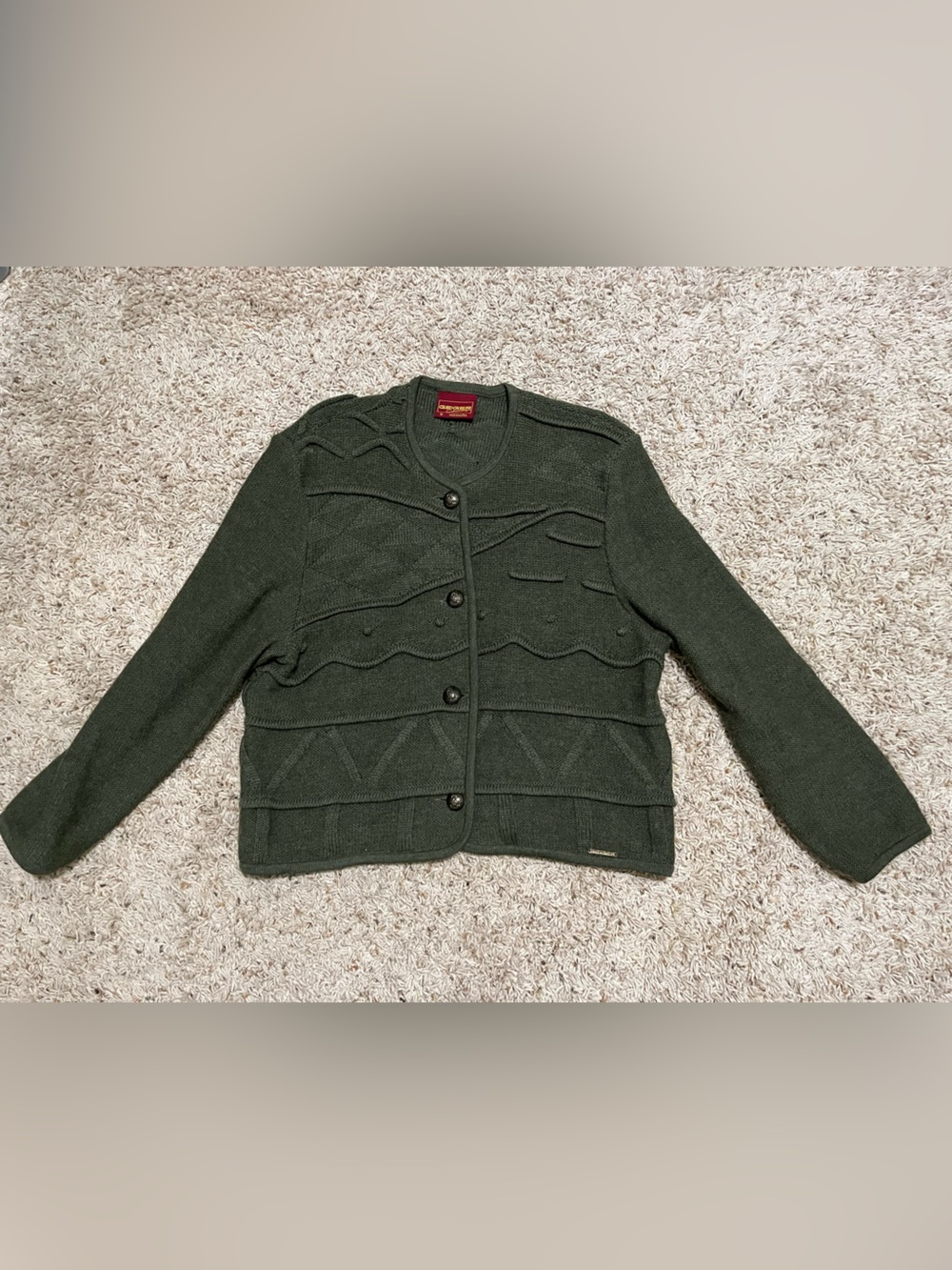Geiger Army Hunter Green 100% New Wool Made in Austria Patchwork Cardigan Size M